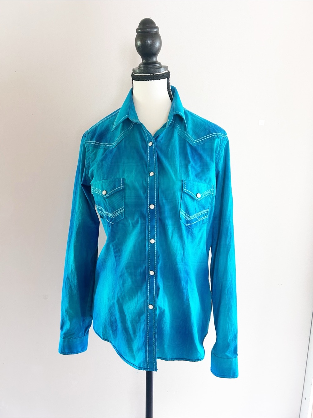 Panhandle Turquoise/Blue Pearl Snap Western Shirt Cotton Size Small